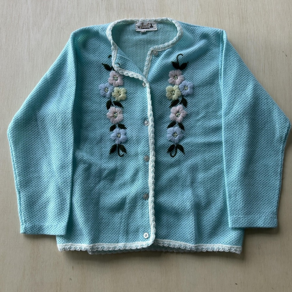 Vintage 60s Janet's Cardigan Sweater Womens Medium Blue Floral 3/4 Sleeve Knit